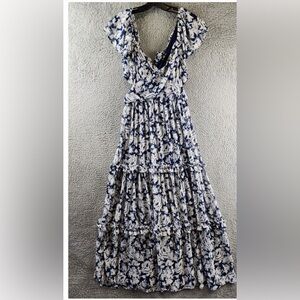 AQUA Dress Women’s size medium Tiered Metallic Navy/White Cut Out Short Sleeve~